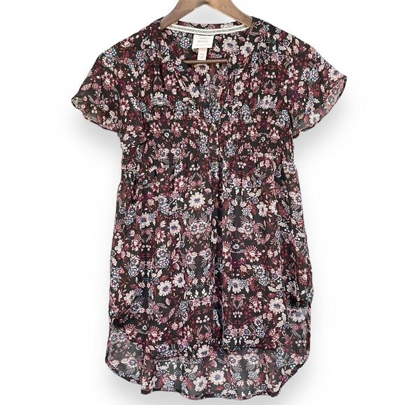 Knox Rose Sheer Blouse Women Size XS‎ Multicolor Floral Smocked Button Front - Picture 1 of 14